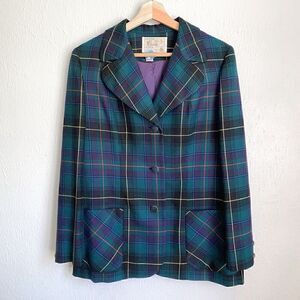 Vintage Tartan Plaid Pure Virgin Wool Blazer Women’s Med Green Single Breasted